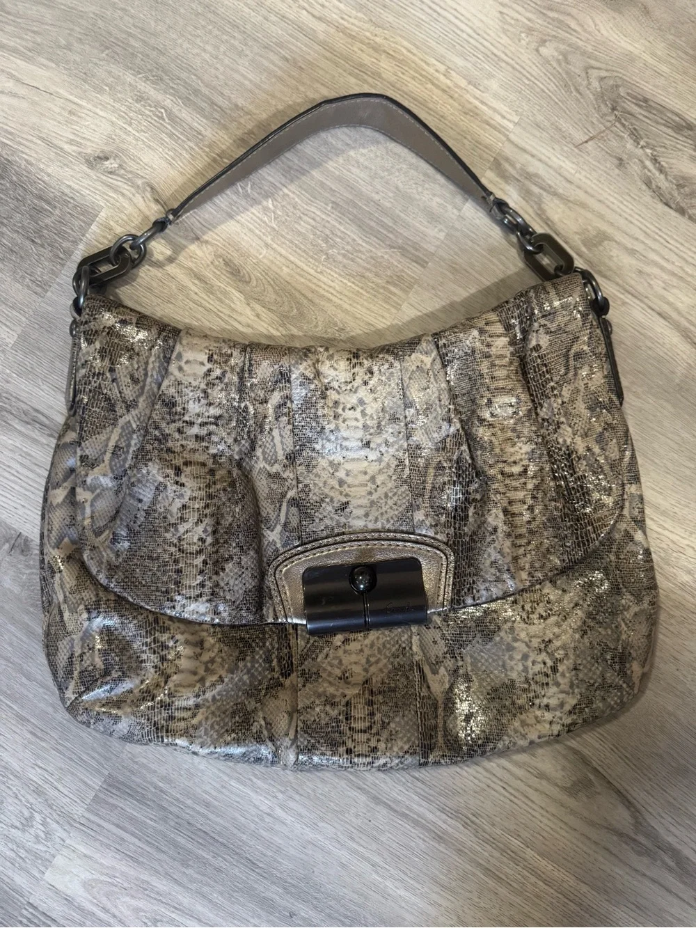 Coach Snakeskin-Print Hobo Bag in Taupe and Cream